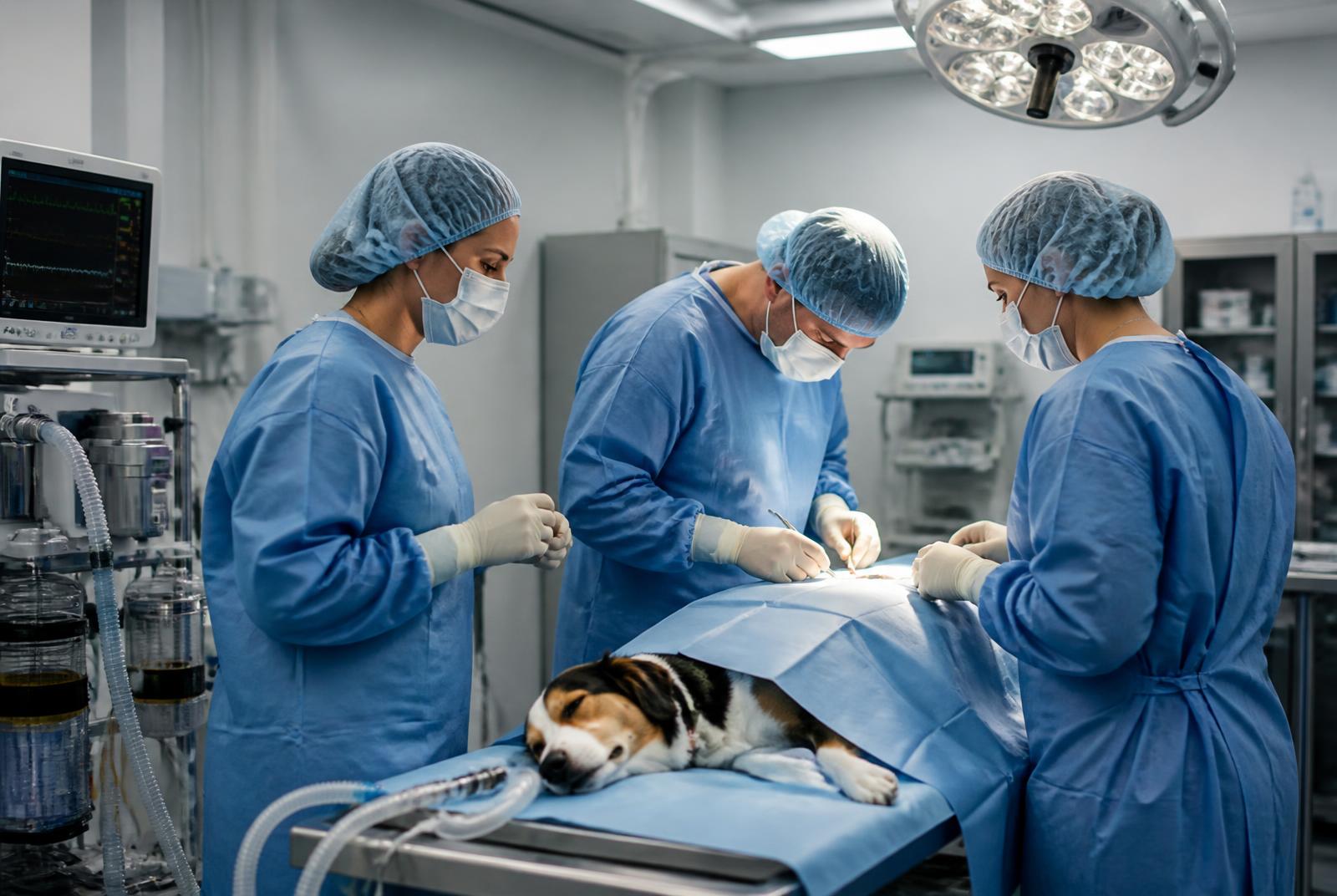 Equipe veterinária durante procedimento no centro cirúrgico