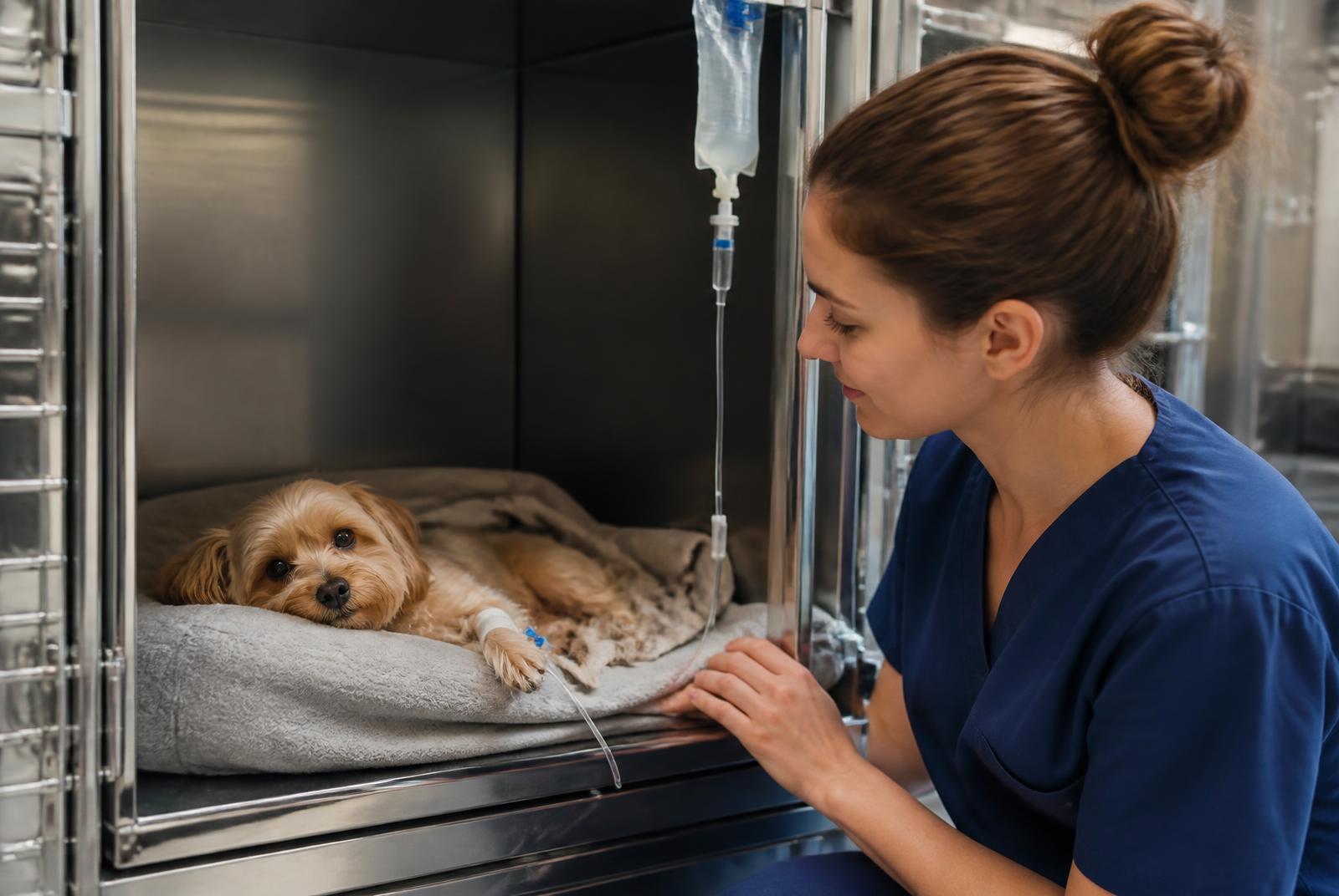 Cão internado recebendo cuidados da equipe de enfermagem veterinária
